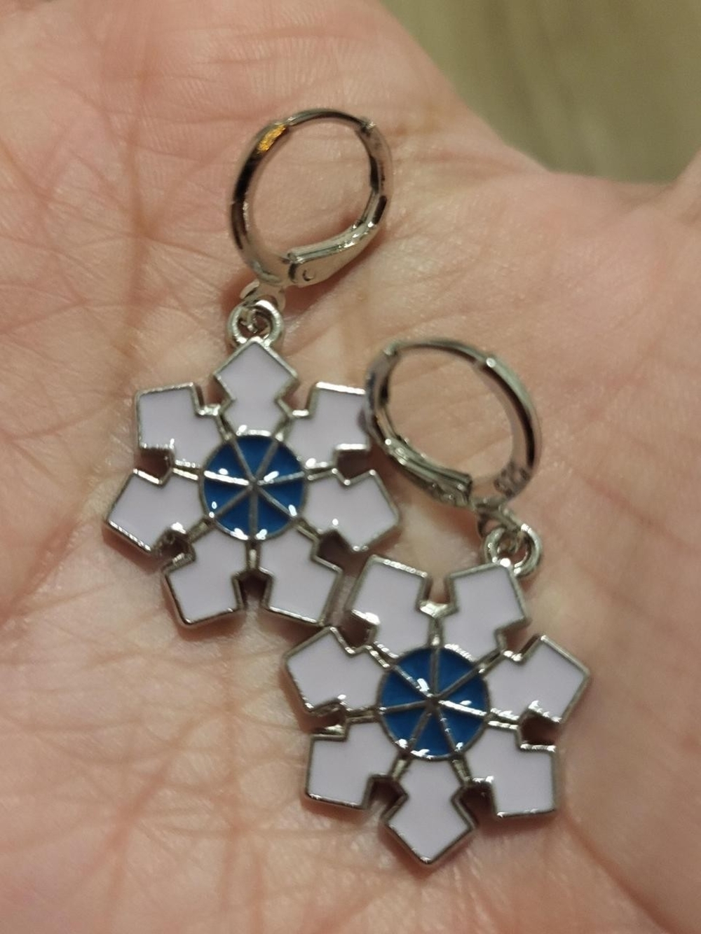 Snowflake Dangle Earrings with Blue Center
